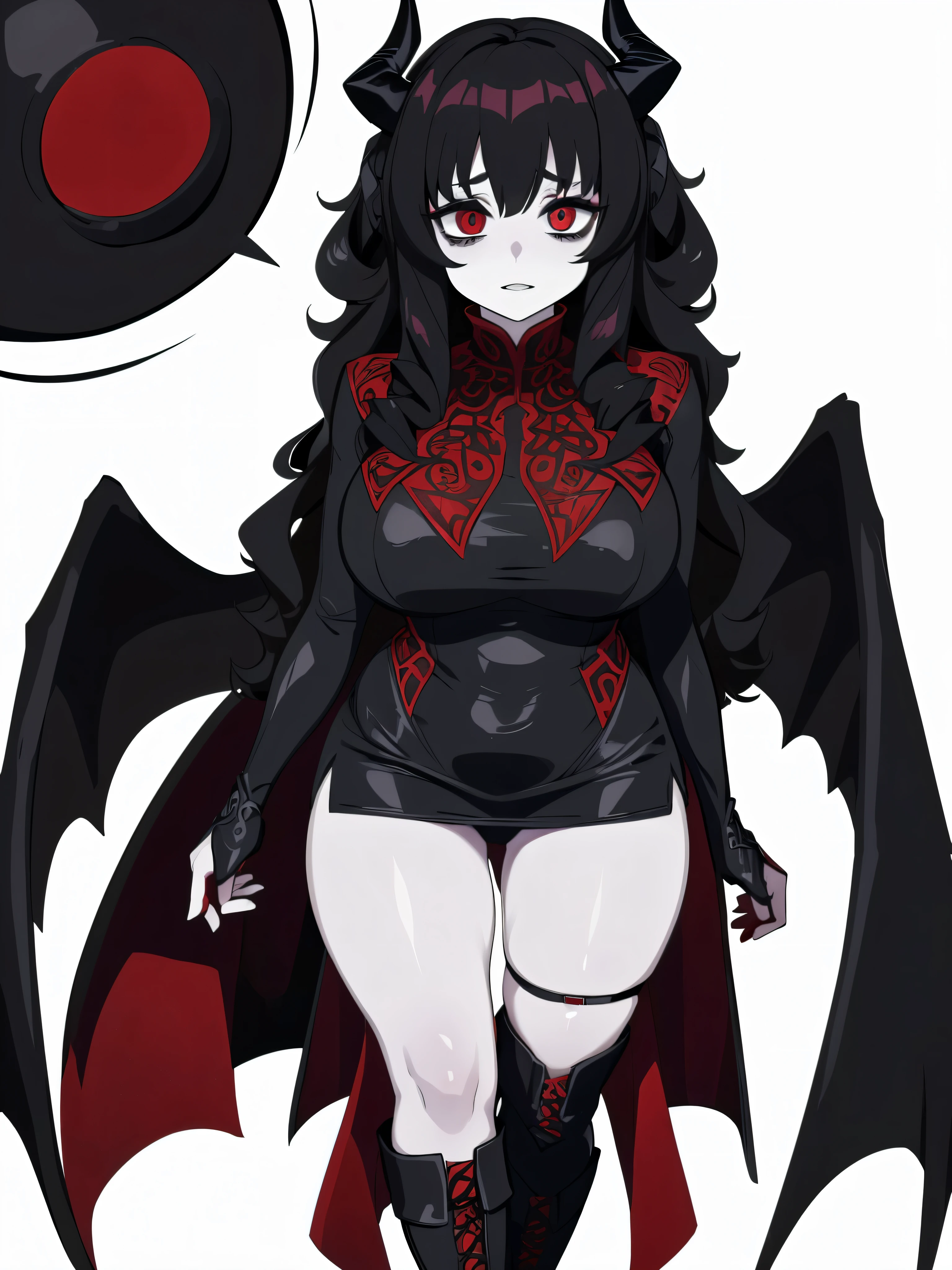 (Masterpiece, Best Quality), 1girl,solo, art by kipteitei, happy eyes, (mascara, eyeliner, long eyelashes:1.2), (super long black demon horns and wings, black sharp curly long hair:1.2), black eyes, red pupils, (A sleek, dark crimson gown adorned with intricate black lace, paired with obsidian boots and silver accessories:1.2), white background, (breast, big thighs, white background, pale skin, standing:1.2)