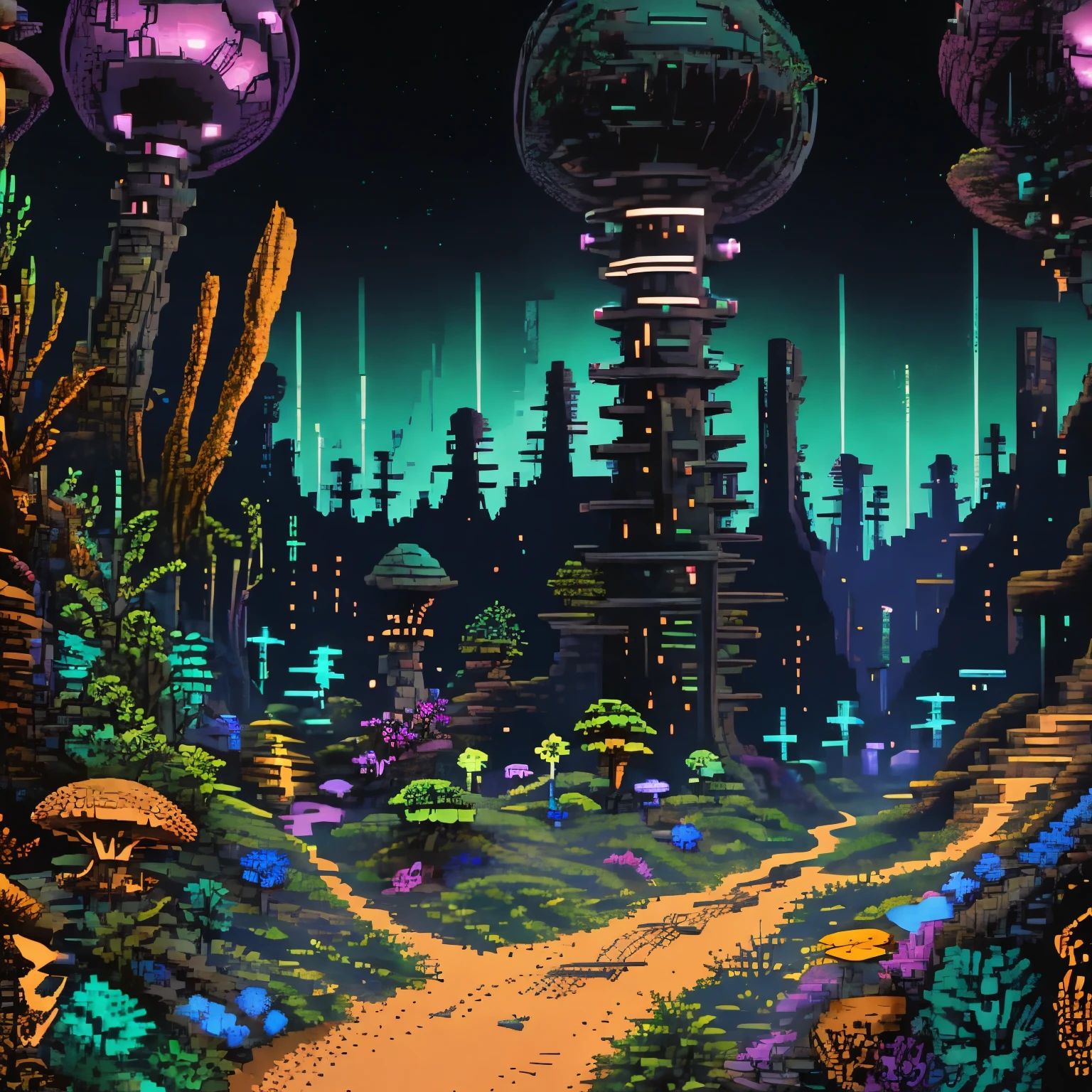 Pink sand and rock lay scattered across a neon blue glowing mushroom forest,a path leading to the cyber city