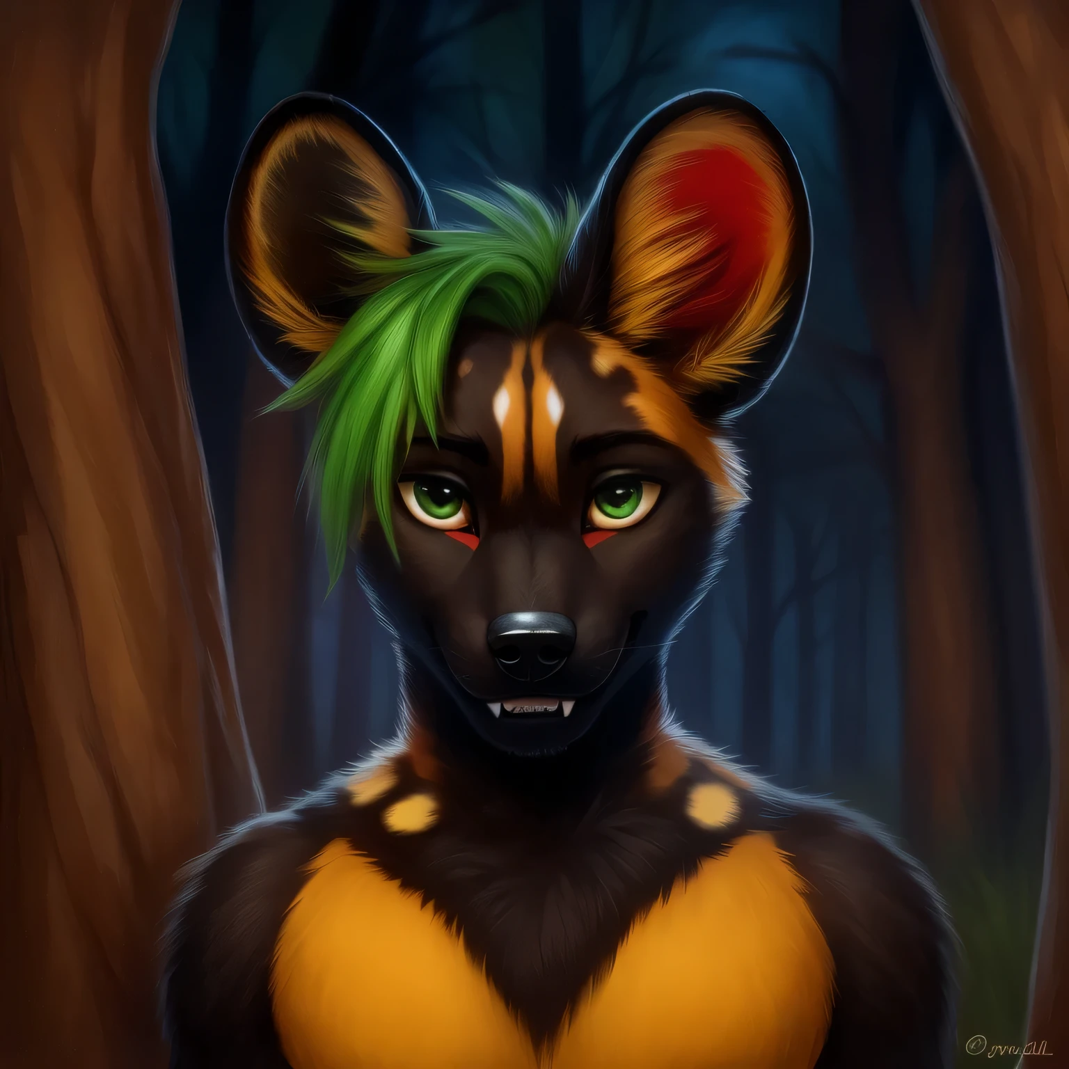 ((best quality)), (detailed), a male african wild dog, with the left eye green and the right red colored, with green hair, alone in the woods in the night, looking straight towards the observer, grinning with his fangs visible.