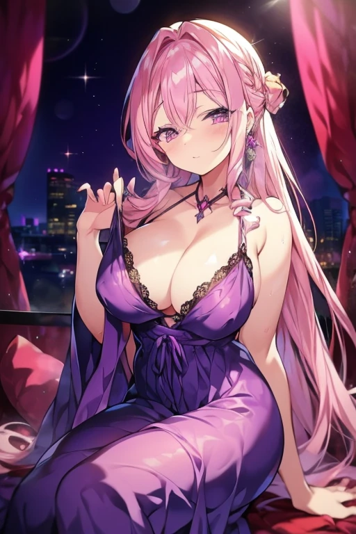 A pink haired woman with violet eyes is posing in a silky night gown