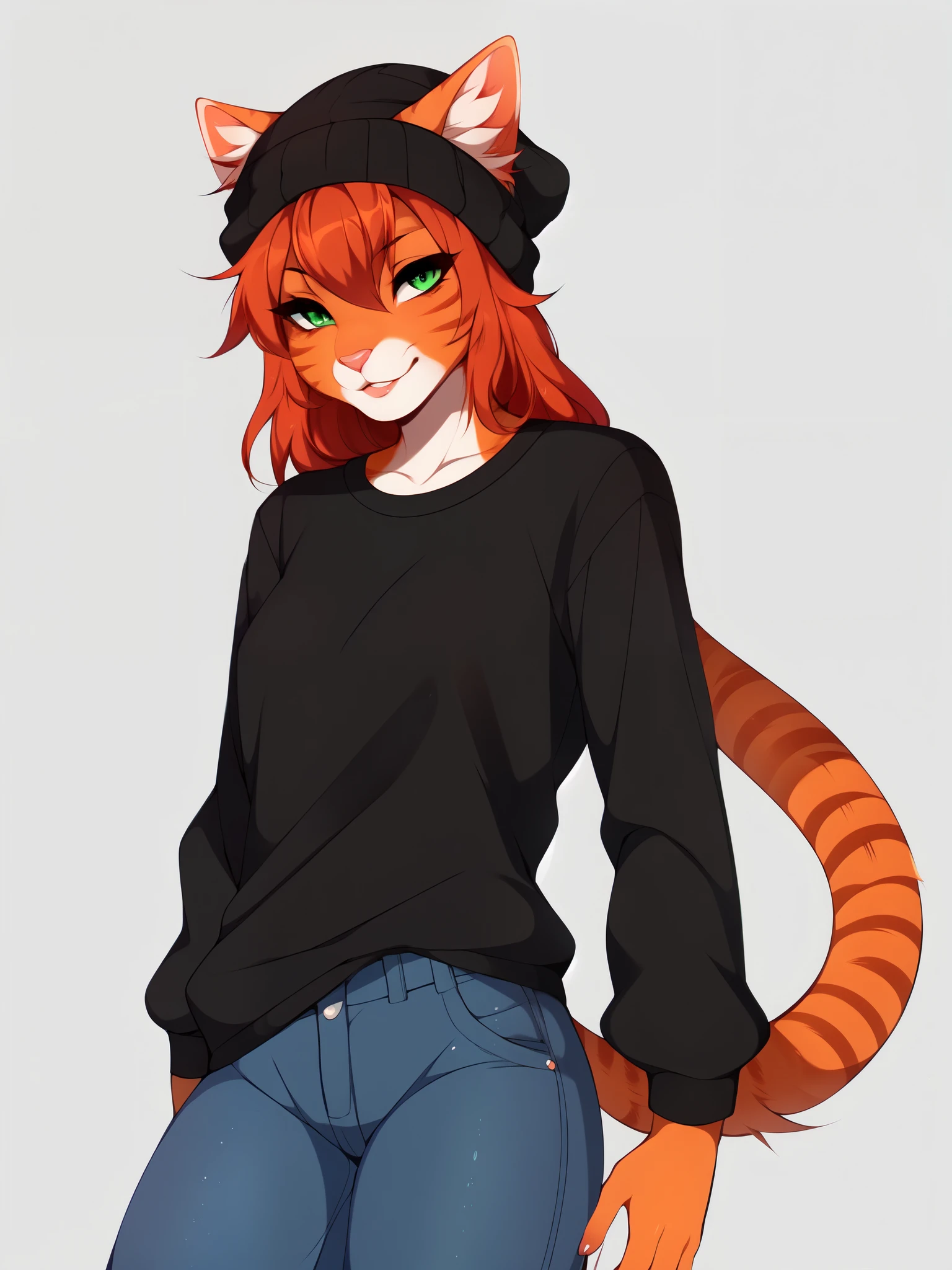 Solo:1.4, Sam, orange tabby cat, green eyes, orange cat ears, long crimson red hair, cute snout, pink nose, black long sleeve shirt, black beanie, ears coming through beanie, jeans, smiling, lips parted, trendy style clothes, standing, posing playfully, by fumiko, by hyattlen, white background, no background, portrait, ears fully in frame