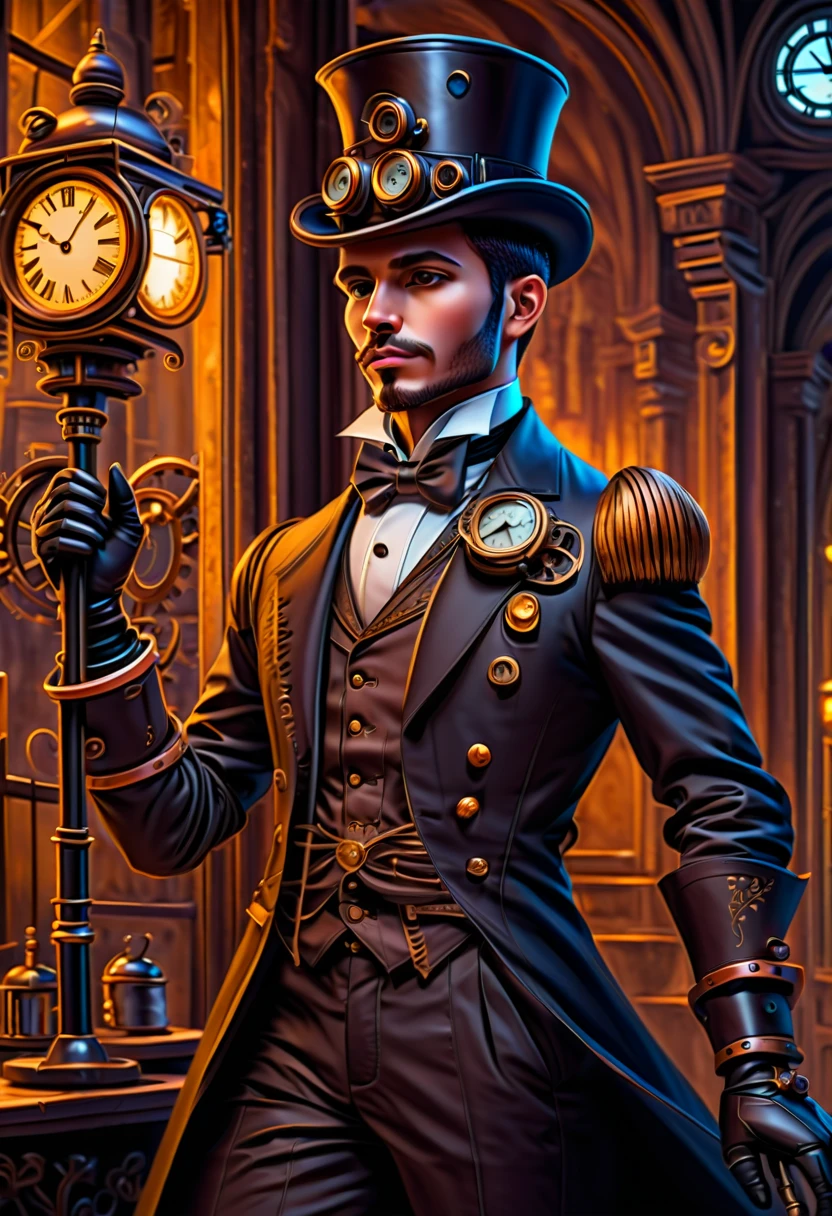Robot Butler with Mechanical Engineering Profile, gravata steampunk, detalhe sombra suave, Mechanical face with an atmosphere of boredom, One-handed mechanical decorative cane, de baixo, Mecanicamente com detalhes intrincados e insanos, Sobre o uniforme de mordomo intrincadamente detalhado, subtle lighting elements, mechanical cool beauty, Tiro de corpo inteiro, Do lado, cute cyber butler outfit, An atmosphere of beauty like a finely sharpened blade, sombras muito finas, fundo de doodle de garoa, eternal clock, Parece o vento da eternidade, solitary atmosphere, dim white lighting, street art graffiti inspiration, Olhos que mostram tristeza, courageous expression, darkest twilight, Detail of oil paint illustration with darker core, detalhes ultra claros, textura muito clara, pinceladas complexas, alta qualidade, high resolution, da mais alta qualidade,