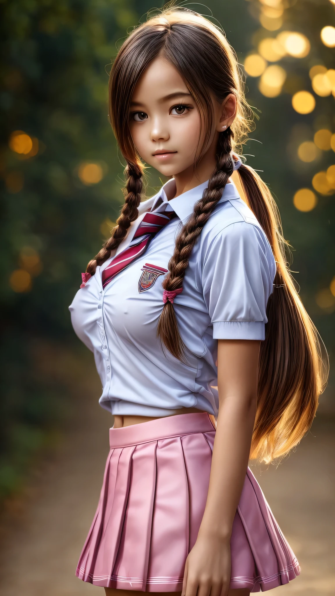 (2girls), ((best Quality)), (Ultra-detailed), (extremely detailed CG unified 8k wallpaper), Highly detailed, High-definition raw color photos, Professional Photography, (twintails), Amazing face and eyes, Pink eyes, (hi-school uniform, pleated mini skirt:1.3), (hi-school uniform with wide open breasts:1.5), beautiful big breasts, bare breasts, (amazingly beautiful girl), (((Bokeh))), depth of fields,