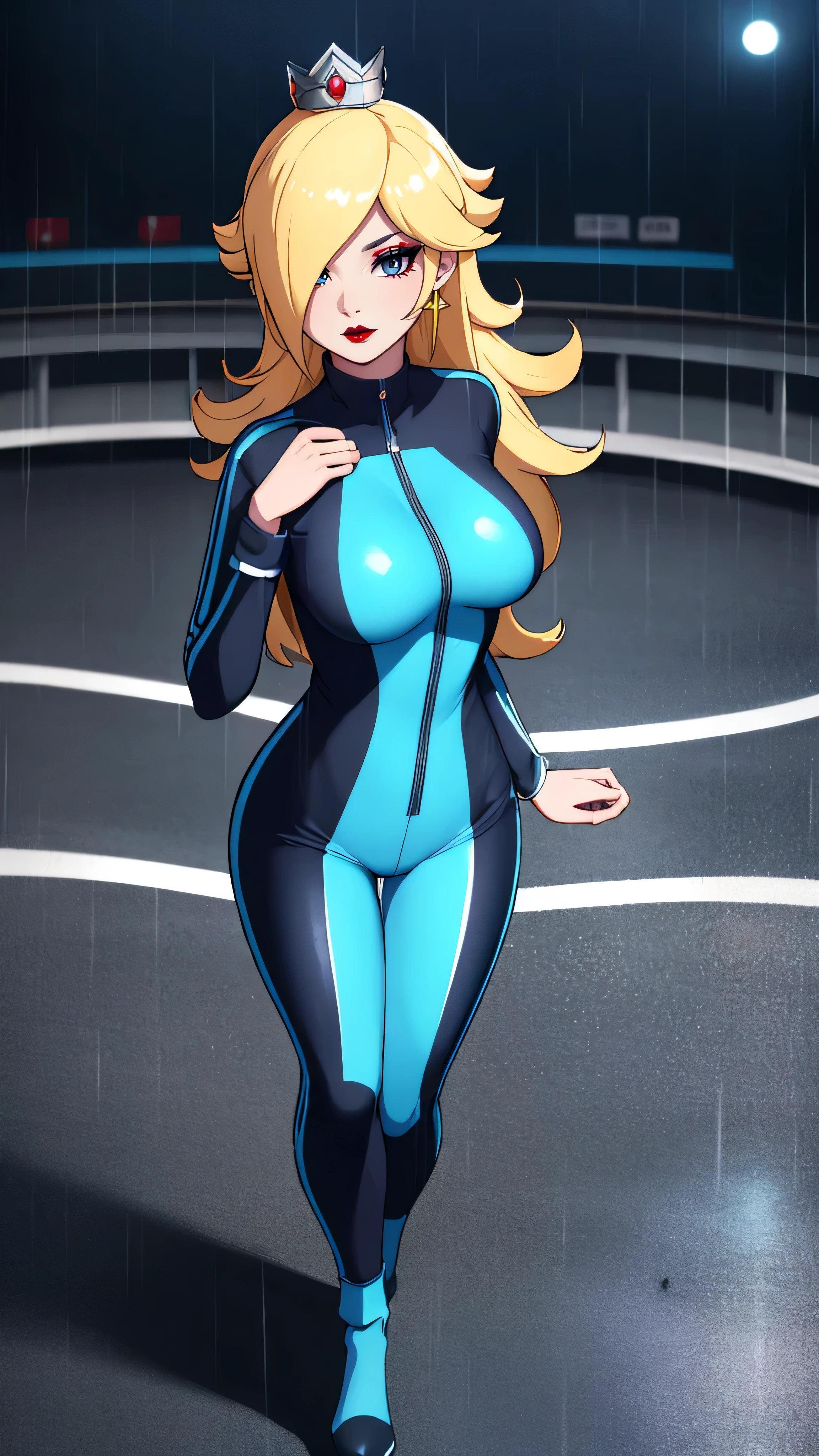 ((high detailed, best quality, 4k, masterpiece, hd:1.3)), BREAK rainy night, moonlight, landscape, it's raining, raining, Rosalina standing posing under the rain, BREAK neon blue eyes, seductive, attractive, sexy smile, smiling, smooth anime cg art, 36C breasts, cleavage, (long fitness legs), vivid colors, detailed digital art, slim body, perfect skin, wet blonde hair, wet long hair, wet hair, BREAK crown, BREAK looking at viewer, extremely detailed face, (blue jumpsuit), (Jumpsuit:1.5), (blue racing suit), (racing suit:1.5), (blue high heels), full wet body, wet body, earrings, gem, dark gothic eyeshadows, dark eyeshadows, black eyeshadows, black_sexy_lips, black lips, dark lips, gothic painted lips, dark_red_lips, very dark lips, red_painted_lips, (very thin lips), thin lips, detailed lips, (dark:1.2), (perfect hands, perfect anatomy), black makeup, detailed fingers, five fingers per hand, 5 fingers, (1 girl), (solo:1.3), (breast focus), (breasts out:1.3), (from above:1.3), (hands on waist:1.3),