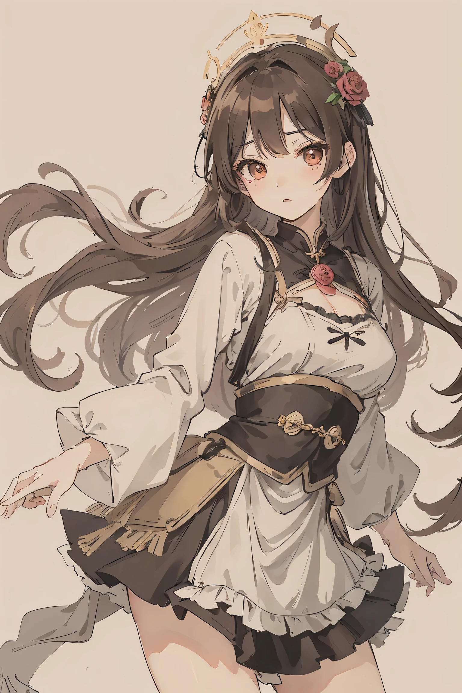 sparrow, Masterpiece quality，The best quality assurance。A brown hair、Cute girl with golden eyes。Tsundere，Wearing a short Gothic skirt，Exudes magic，With a rose headdress，English-style top，Long hair flutters in the wind，Naughty，adolable，the sea，nigth，big breasts