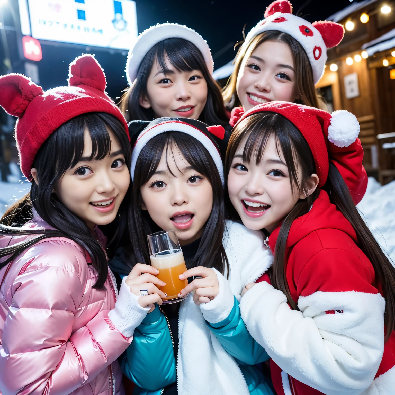 BEST-QUALITY, MASTERPIECE, ULTRA-HIGH-RESOLUTION, (PHOTOREALISTIC:1.4), RAW-PHOTO, ULTRA DETAILED, PERFECT-ANATOMYS, 

at midnight, 3girls, all teenagers, all the most popular Japanese idols, having a lot of fun at drinking-party in heavy-snowy-mountain, from above, faces-focus, all completely drunk, all laughing out loud, all extremely cute faces like a Japanese famous idols, all extremely beautiful big-black-solid-circle-eyes, all extremely beautiful colorful-hair, all extremely beautiful white-skins, detailed heavy-snowy-mountain, detailed drinking-party