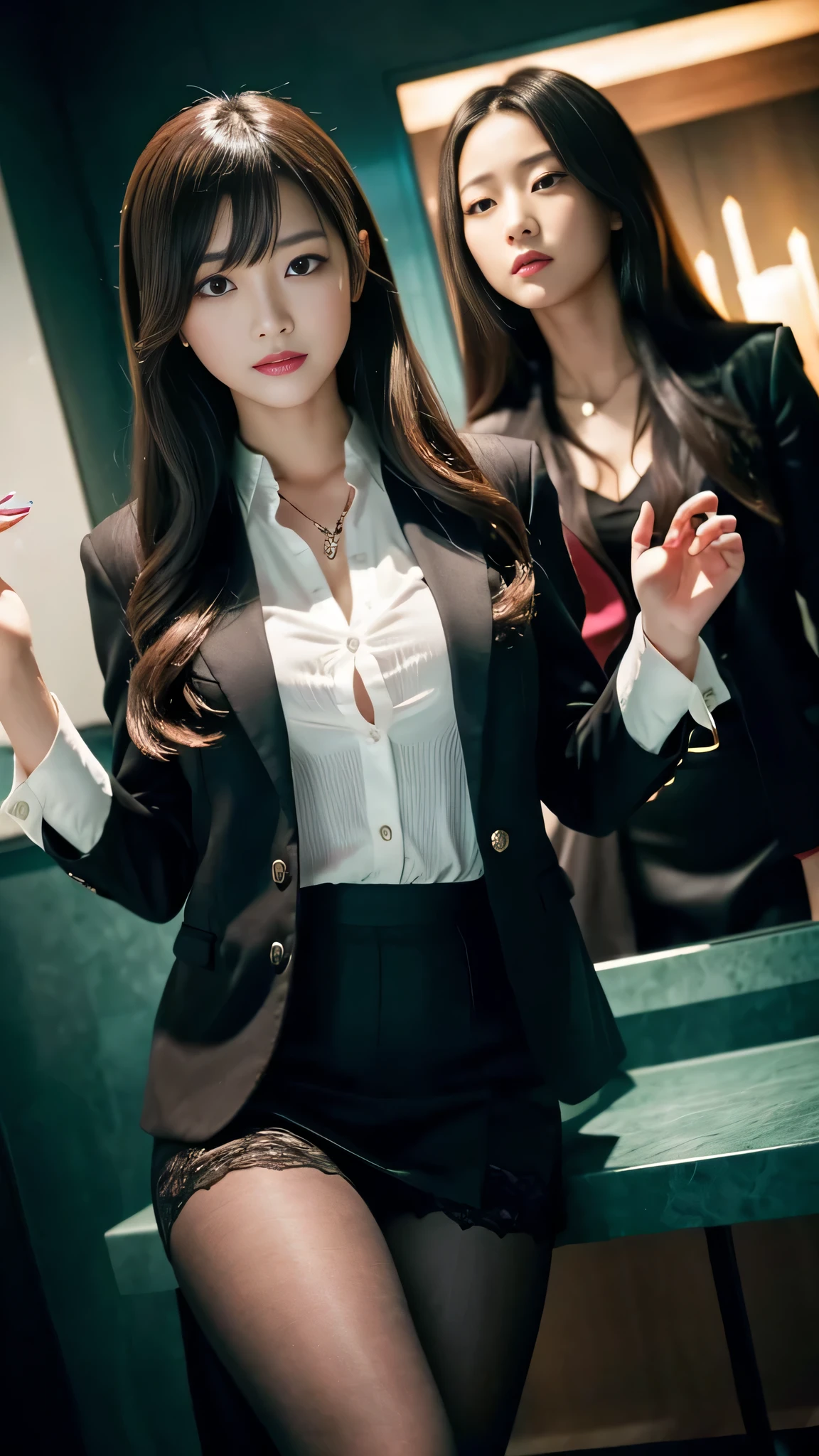 Super detailed、Japanese、charming beauty、Dainty woman、sharp eyes、cool girl、wavy hair、suit、Jacket、blouse、Tight Skirt、black pantyhose、evil female executive、evil depravity、brainwashing、Mind control、lacy fabric、Shiny legs、lipstick、have lip gloss、grin、邪evilなな表情、evil、empty eyes、邪evilな、reach out your hand、in the darkroom、lure、meanwhile、evil hypnotizing scene, With glowing magic effects, 2 girls, A girl hypnotizes another girl.