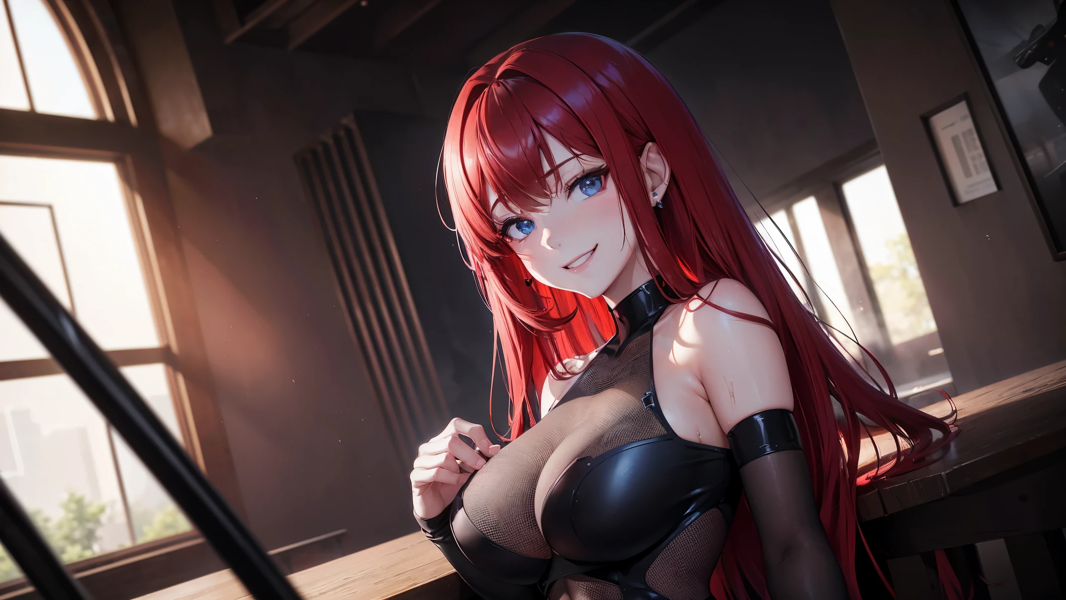red hair, wet hair, blue eyes, heart earrings, ahego, anime style, sitting down in a chair, god rays, ray tracing, cinematic lighting, depth of field, from behind, UHD, masterpiece, retina, high quality, best quality, highres, 8k, thick, ((face only)) , (((jet black mesh dress))), ((seductive smile)) ((close up to face))