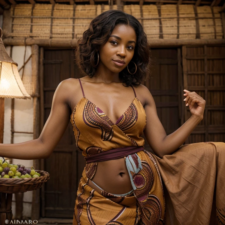 Femme africaine vêtue d&#39;une grande robe rouge posant devant une végétation tropicale