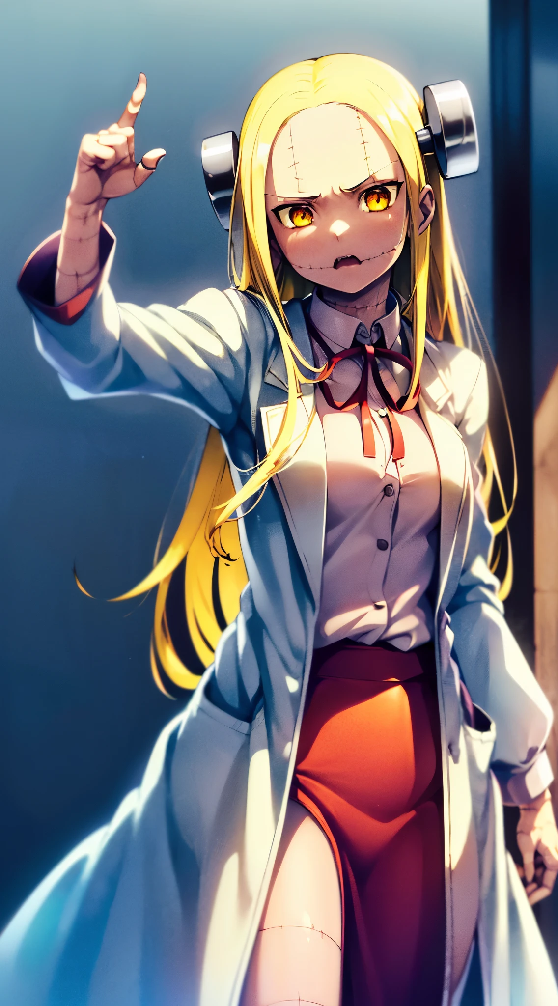 Madaraki_Fran,young woman,costs,((((wearing a white lab coat)))),((gestures aggressively)),long hair,yellow hair,seams,Scars on the body,(angry),speaks to a person,(((furious)))