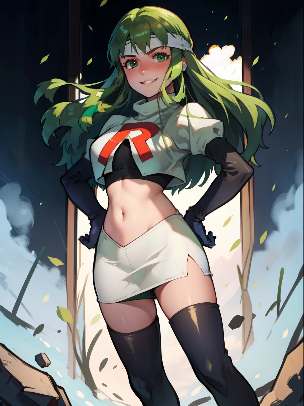 Palla (Fire Emblem), long hair, green hair, headband ,1girl,team rocket,team rocket uniform, red letter R, white skirt,white crop top,black thigh-highs,black elbow gloves, evil smile, hands on hips