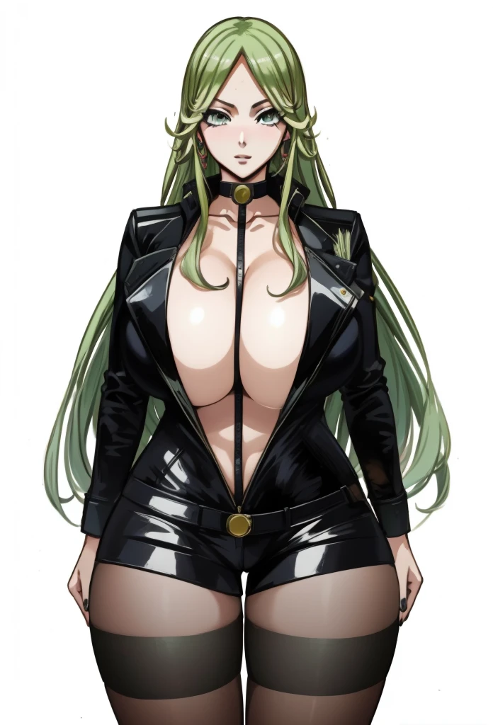 Imagen de estilo anime de una mujer con una chaqueta de cuero negra y medias., Tatsumaki de One Punch Man, chica anime seductora, arte digital de danganronpa, oppai ciberpunk, anya from the spy family x, Arte oficial de personajes, anime full body illustration, of frontline girls, personaje de anime femenino, anime mujer arte de cuerpo completo, ahegao