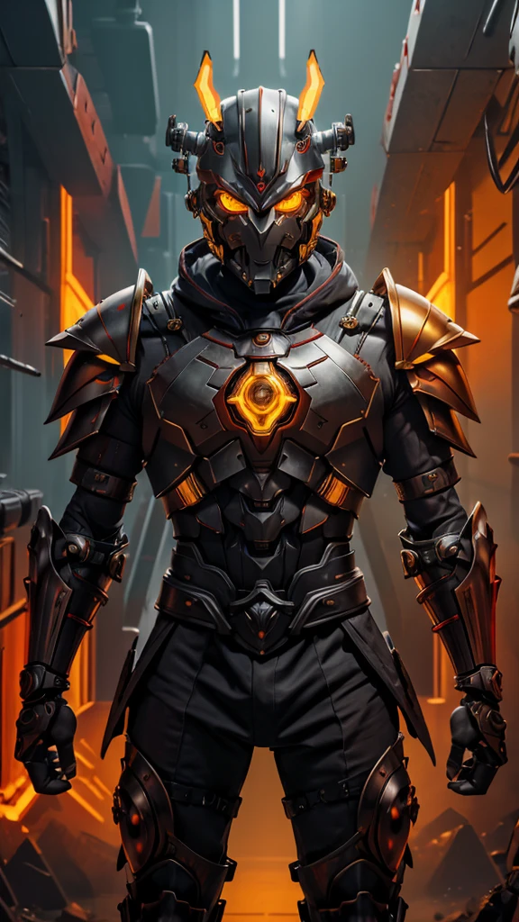 Warrior in mechanical mask with yellow eyes and arcane male shoulder armor and pointing closed mechanical fist towards the viewer and serious posture and gray background with red lights illuminating the environment 