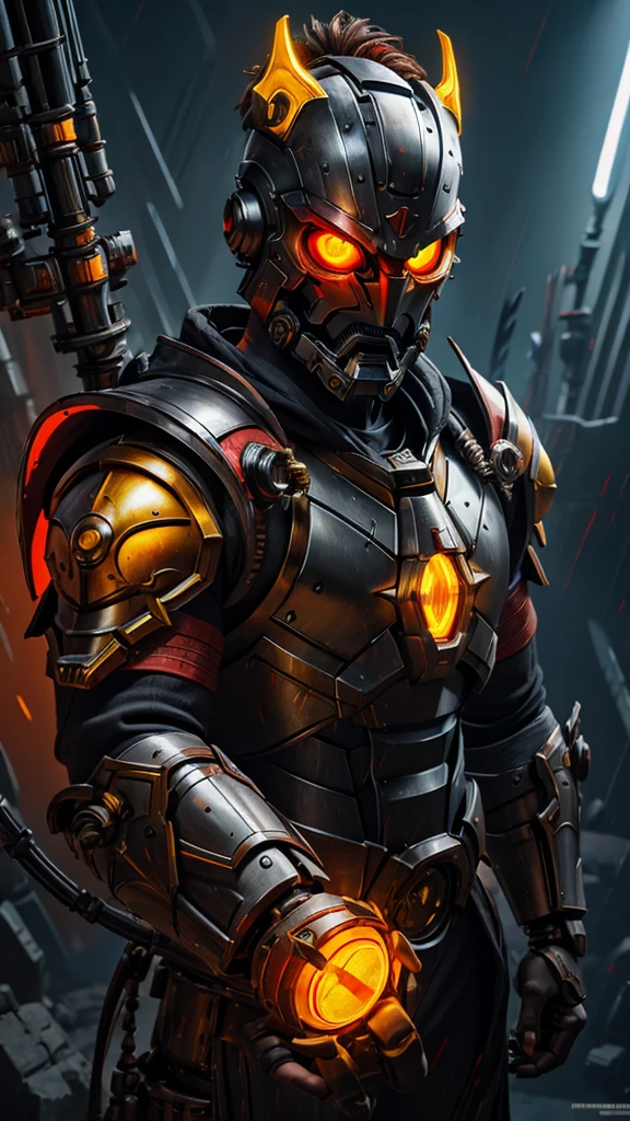 Warrior in mechanical mask with yellow eyes and arcane male shoulder armor and pointing closed mechanical fist towards the viewer and serious posture and gray background with red lights illuminating the environment