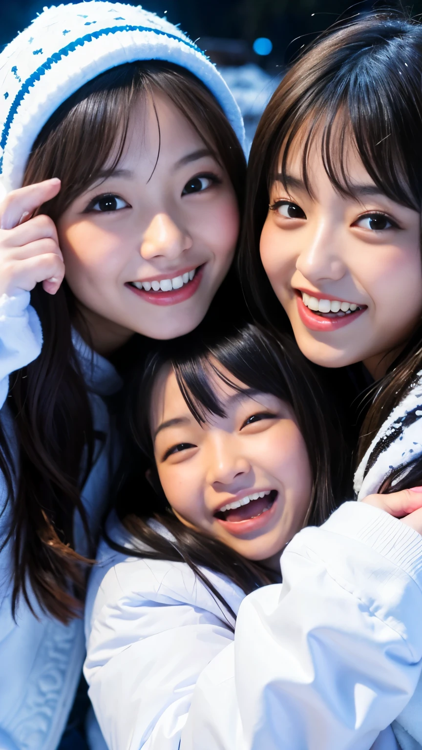 BEST-QUALITY, MASTERPIECE, ULTRA-HIGH-RESOLUTION, (PHOTOREALISTIC:1.4), RAW-PHOTO, ULTRA DETAILED, PERFECT-ANATOMYS,
at midnight, 3girls, all the most popular Japanese idols, at drinking-party in heavy-snowy-mountain, from above, faces-focus, all wearing skii-clothes with cute-design, ((all completely drunk, dynamic-pose):1.3), all laughing out loud, all extremely cute faces like a Japanese famous idols, all extremely beautiful big-black-solid-circle-eyes, all extremely beautiful colorful-hair, all extremely beautiful white-skins, detailed skii-clothes-with-cute-design, detailed heavy-snowy-mountain, detailed drinking-party