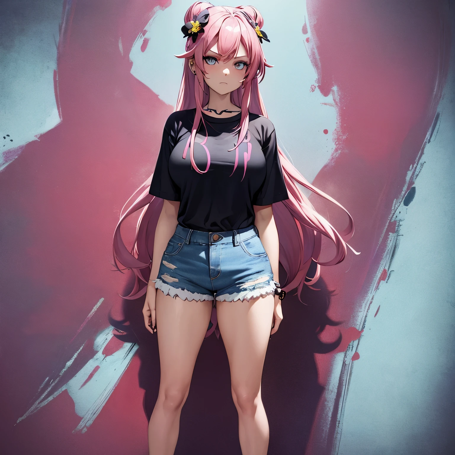 Masterpiece, best quality, (very detailed CG unity 8k wallpaper) (best quality), (best illustration), (best shadows), single female, full body, long pink hair, anime, very angry, large breasts, short sleeve button up hawaiian shirt with flowers, jean shorts, trippy background, lots of neon colours, edgy, piercings
