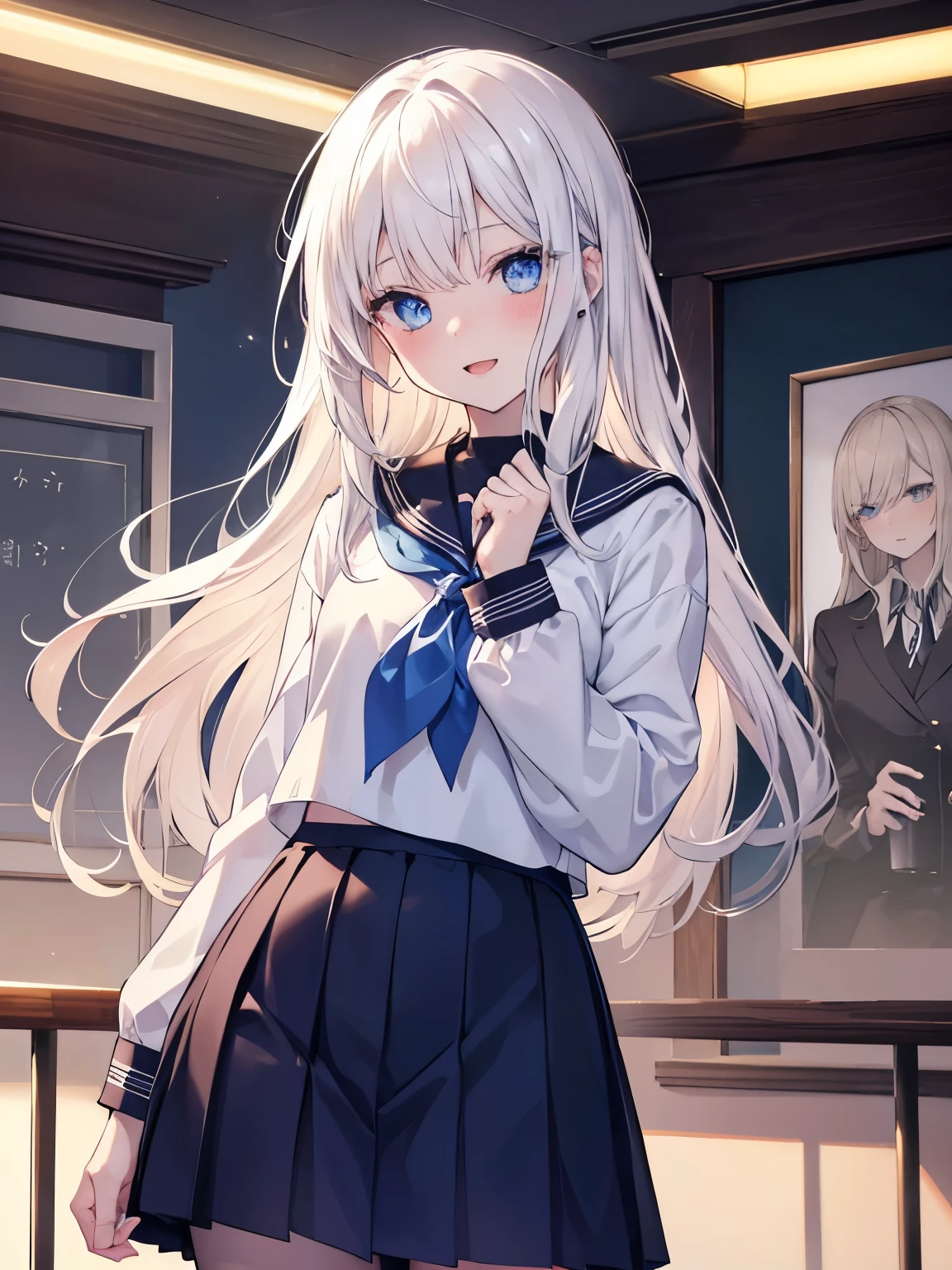 masutepiece, Highest Quality, (Perfect face:1.1), (high detailing:1.1), (ultradetailed eyes), Dramatic, superfine illustration, Extremely detailed, 1girl in, (pale skin), long white hair, Ethereal eyes, Blue eyes,tareme, ,blush,Solo,Smile, Happy, Laugh together,Enjoy,open mouth, Pouty lips,Cinematic lighting, Looking at Viewer, Cowboy Shot,Long sleeve, long sleeve,school uniform, sailor suit,school,indoor