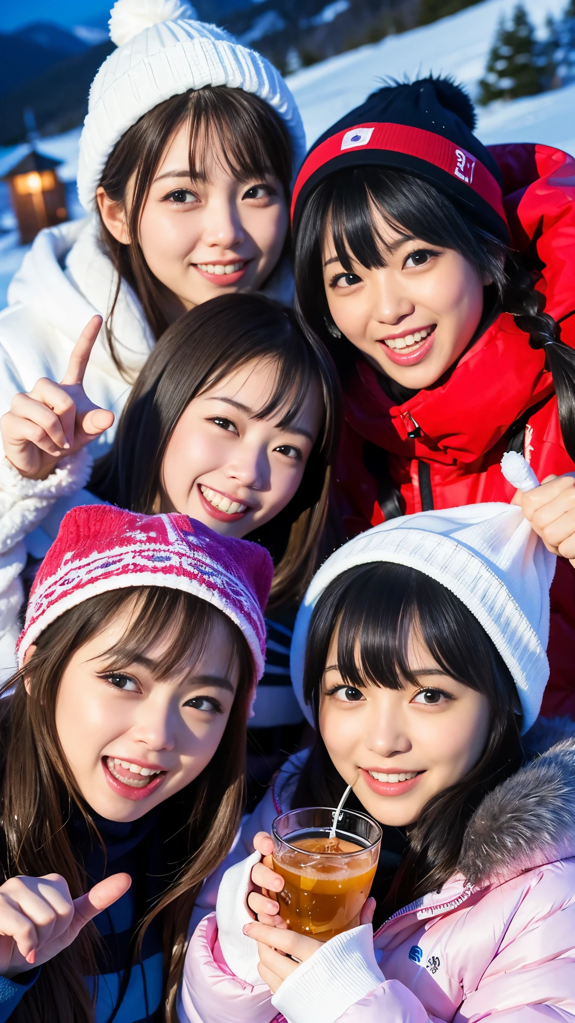 BEST-QUALITY, MASTERPIECE, ULTRA-HIGH-RESOLUTION, (PHOTOREALISTIC:1.4), RAW-PHOTO, ULTRA DETAILED, PERFECT-ANATOMYS,
at midnight, 3girls, all the most popular Japanese idols, at drinking-party in heavy-snowy-mountain, from above, faces-focus, all wearing skii-clothes with cute-design, ((all completely drunk, dynamic-pose):1.3), all laughing out loud, all extremely cute faces like a Japanese famous idols, all extremely beautiful big-black-solid-circle-eyes, all extremely beautiful colorful-hair, all extremely beautiful white-skins, detailed skii-clothes-with-cute-design, detailed heavy-snowy-mountain, detailed drinking-party