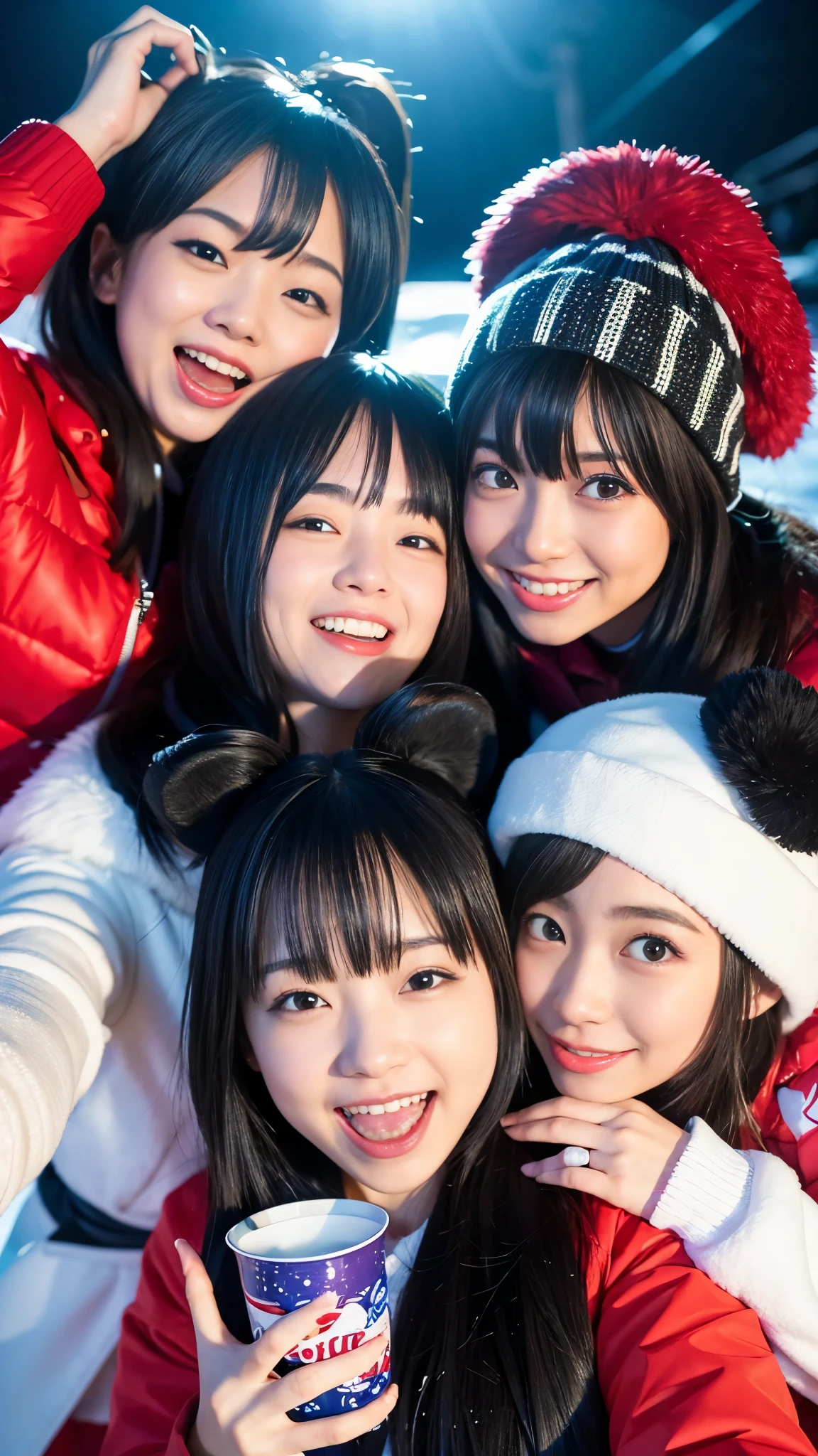 BEST-QUALITY, MASTERPIECE, ULTRA-HIGH-RESOLUTION, (PHOTOREALISTIC:1.4), RAW-PHOTO, ULTRA DETAILED, PERFECT-ANATOMYS,
at midnight, 3girls, all the most popular Japanese idols, at drinking-party in heavy-snowy-mountain, from above, faces-focus, all wearing skii-clothes with cute-design, ((all completely drunk, dynamic-pose):1.3), all laughing out loud, all extremely cute faces like a Japanese famous idols, all extremely beautiful big-black-solid-circle-eyes, all extremely beautiful colorful-hair, all extremely beautiful white-skins, detailed skii-clothes-with-cute-design, detailed heavy-snowy-mountain, detailed drinking-party