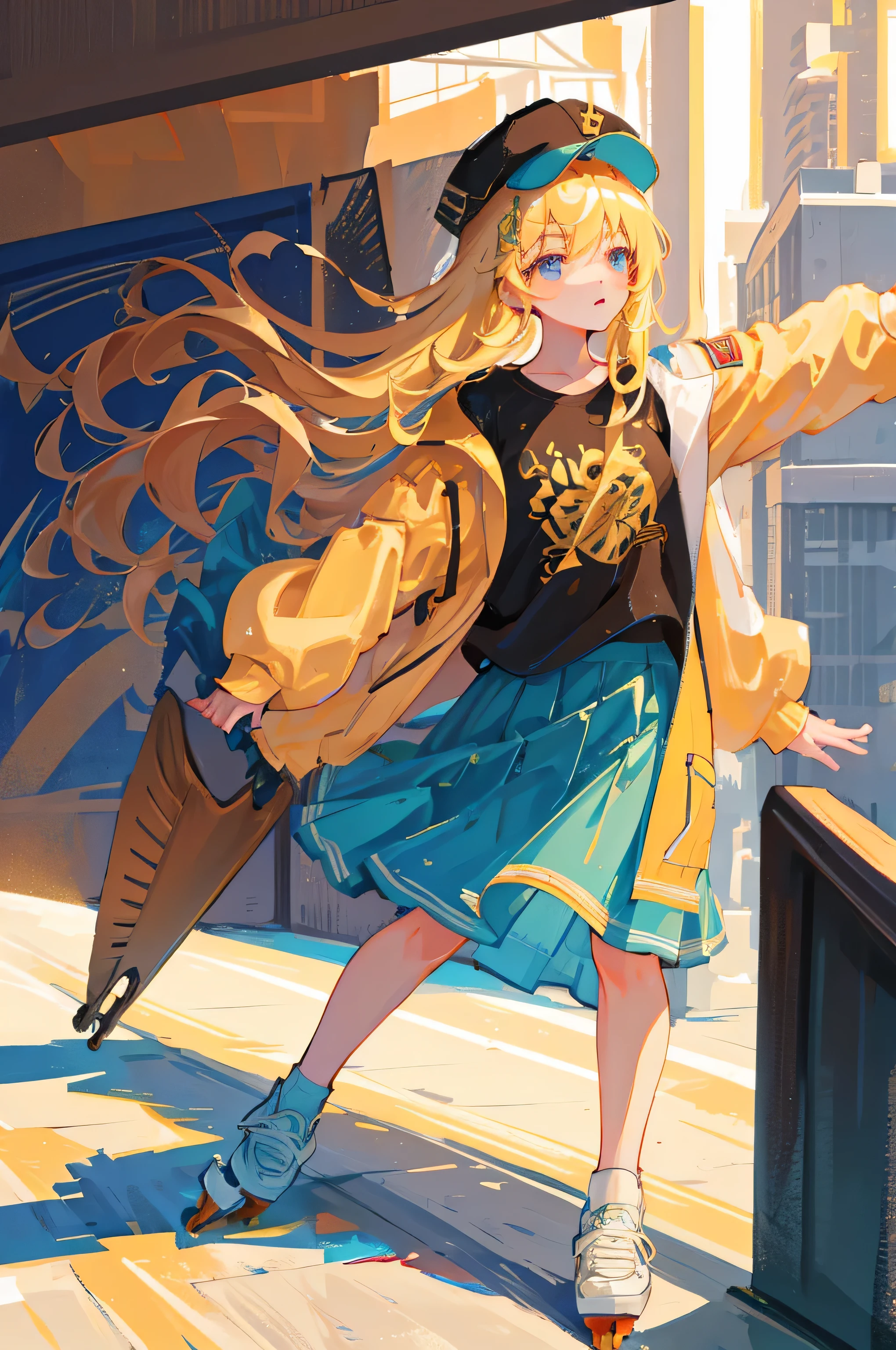 1.5, best quality, high quality, High definition, High quality texture, high detail, beautiful detailed, finely detailed, extremely detailed cg, detailed texture, 1woman, girl, female, ((skater)), skirt, hat, action shot, blonde hair, long hair, flowing hair, long sleeve shirt