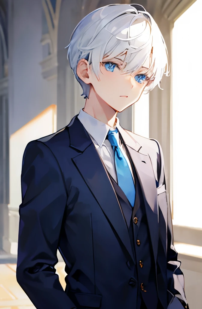 A short white haired boy and have blue eyes, suit, slim body