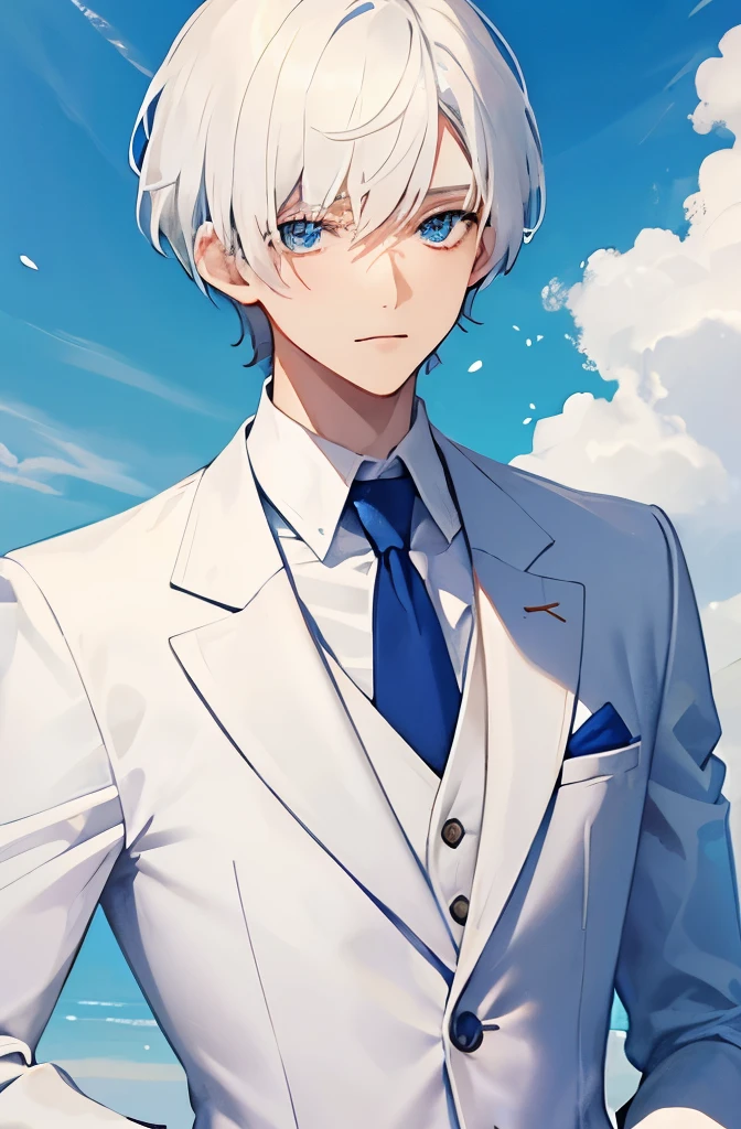 A short white haired boy and have blue eyes, suit, slim body