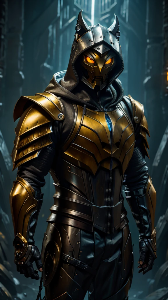 Creature in hood with mechanical face yellow eyes armor male shoulder mechanics closed iron fists serious serious posture details on mechanical armor water drops on armor light illuminating the armor