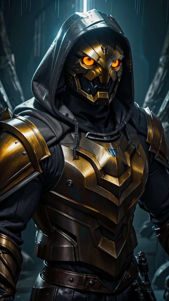 Creature in hood with mechanical face yellow eyes armor male shoulder mechanics closed iron fists serious serious posture details on mechanical armor water drops on armor light illuminating the armor 