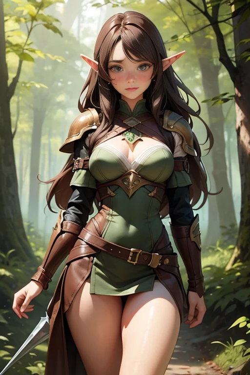 Brown hair fit body large breasts slender thighs fantasy leather armor cute wood elf solo freckles looking at viewer in woods long hair blowing in wind blushing determination, 8k, extreme detail, sketch art