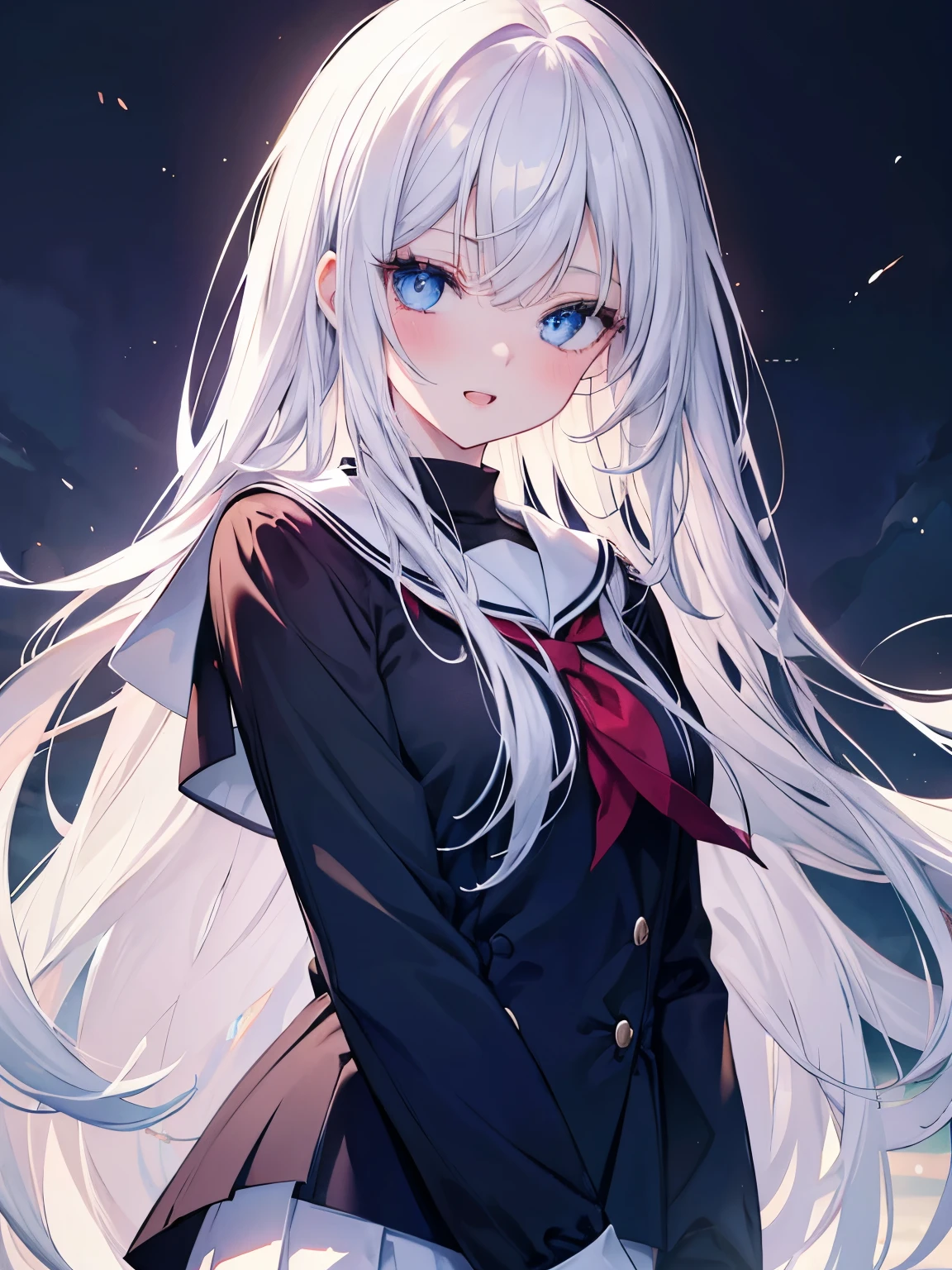 masutepiece, Highest Quality, (Perfect face:1.1), (high detailing:1.1), (ultradetailed eyes), Dramatic, superfine illustration, Extremely detailed, 1girl in, (pale skin), long white hair, Ethereal eyes, Blue eyes,tareme, ,blush,Solo,Smile, Happy, Laugh together,Enjoy,open mouth, Pouty lips,Cinematic lighting, Looking at Viewer, Cowboy Shot,Long sleeve, long sleeve,school uniform, sailor suit