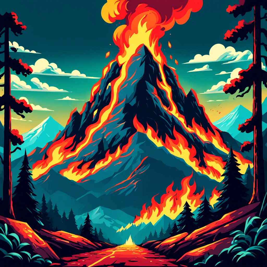 Fire on the Mountain, in retro arcade art style