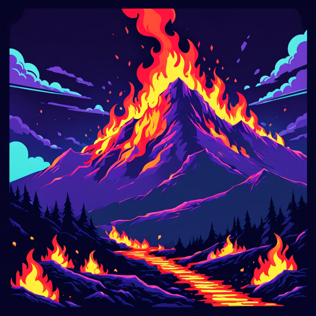 Fire on the Mountain, in retro arcade art style
