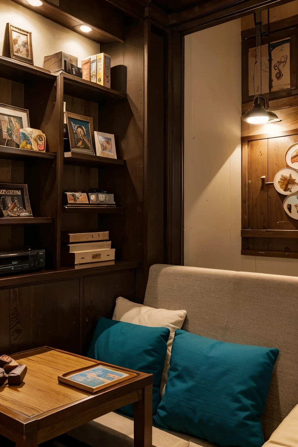 cozy coffee, with a relaxed atmosphere and decor that includes references to Sofia's favorite games and anime? It could be a place that organizes themed events, like game nights or anime screenings, o que proporcionaria um ambiente familiar para os dois, Comfortable sofas, shelves with game collectibles and anime figures, maybe even a wall with illustrations inspired by the games or characters The atmosphere of the place can facilitate conversation, making them feel comfortable sharing stories, recommendations and even start a possible friendship or relationship.