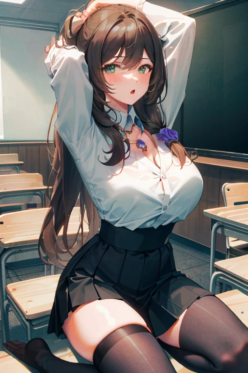 Lisa, genshin impact, 1 girl, alone, ((white shirt)), black Thighhighs, huge breasts, big breasts, cleavage, uniform, office background, black skirt, pleated skirt, office, hair between eyes, messy hair, large chest, long hair, looking at the viewer, brown hair, red short nails, green eyes, alone, Thighhighs, thighs, very long hair, ((masterpiece)), classroom, machine, Chair, board, class board, Teaching,blush, adult woman, older sister, open your mouth, narrow your eyes, emphasize the chest, expose one's chest, Proudly, Raise your arms, Pose that shows off your armpits, (kneeling pose),
