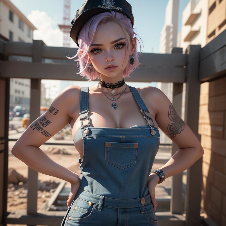 corpo voluptuoso punk de 19 anos ("Sara Hyland", "Brooke Escudos"), olhos esmeraldas, sobrancelhas espessas, Bochechas coradas, grandes seios perfeitos, ombros descobertos, overalls, "sem camisa", (quase sem roupa:1.3), hiperrealismo, Ultra HD, melhor qualidade, high resolution, detalhes altos, 8k, sharpen focus, construction site, 360