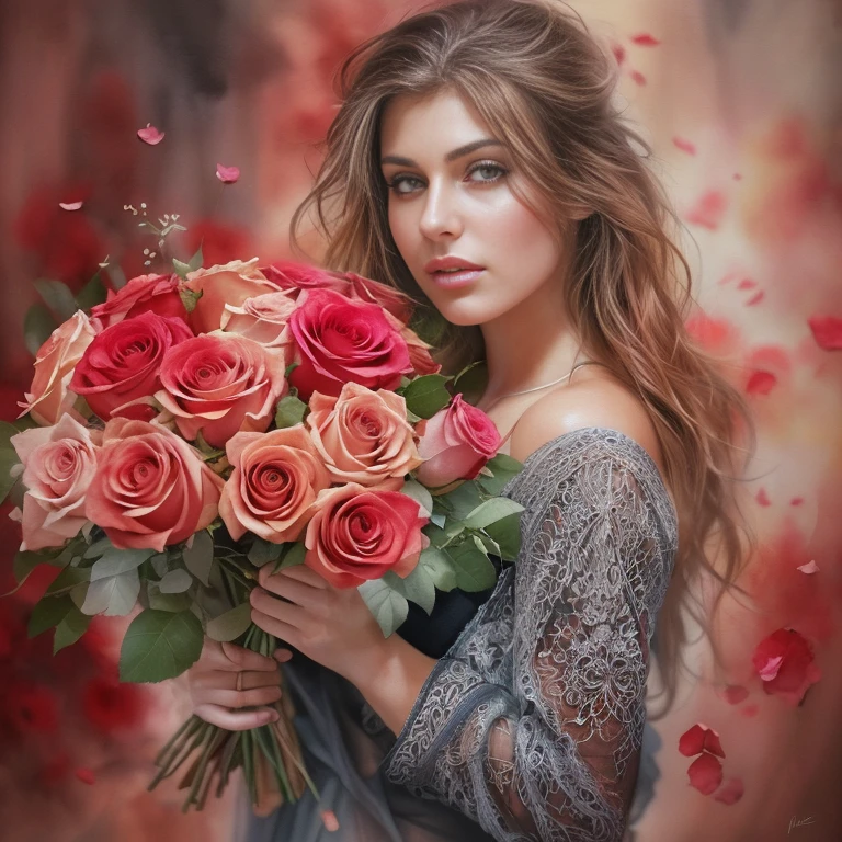 Portrait, watercolor painting, busty beauty, holding bouquet of roses, chest:
Masterpiece, vivid watercolor, beautiful woman with ample curves, exudes seductiveness, holding a full bouquet of red roses against her cleavage, soft petals cascading down, delicate brushstrokes capture every detail, intricate rendering of roses' textures, lifelike stunning eyes gazing off, highly detailed, ultra-realistic, cinematic artwork, fine art, expressive, evocative, sensuous, hyper-detailed, expressive, emotional depth.