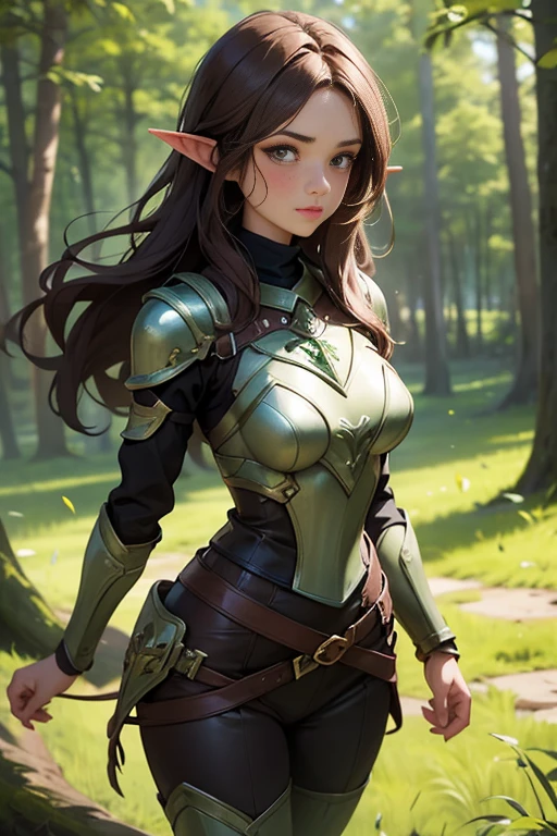 Brown hair fit body medium breasts slender thighs modest green fantasy leather armor cute wood elf solo freckles looking at viewer in woods long hair blowing in wind blushing determination, 8k, extreme detail, sketch art