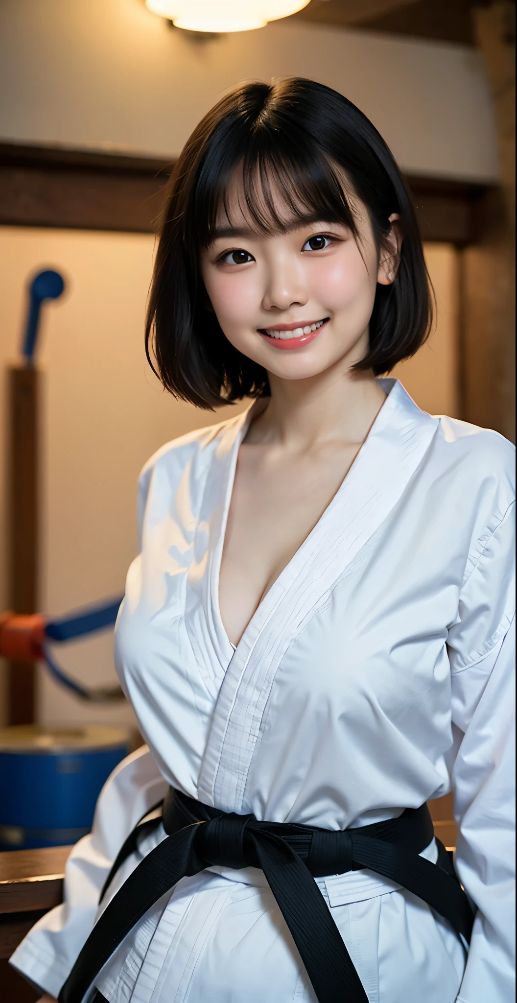 （8k、Raw photography、highest quality、masterpiece：1.2),(black haired、very short hair:1.6),view viewer,Looking at the front,erotic,white skin,(Wearing a karate kimono:1.7)、(Clothing that emphasizes the shape of your chest、Exposing the skin:1.5)、(big boobs:1.2)、slim body shape、ultra high resolution,beautiful,beautiful fece,(alone, solo、no background:1.9),whole bodyボディー,japanese woman,（Photoreal：1.37）、photon mapping,reality、(Cute with a baby face: 1.2)、(cute smile: 1.7)、(With a round face: 1.8)、radio city、Physically based rendering、depth of field rally background、photograph, (I can see your knees,close up of thighs:1.5),whole body、super fine