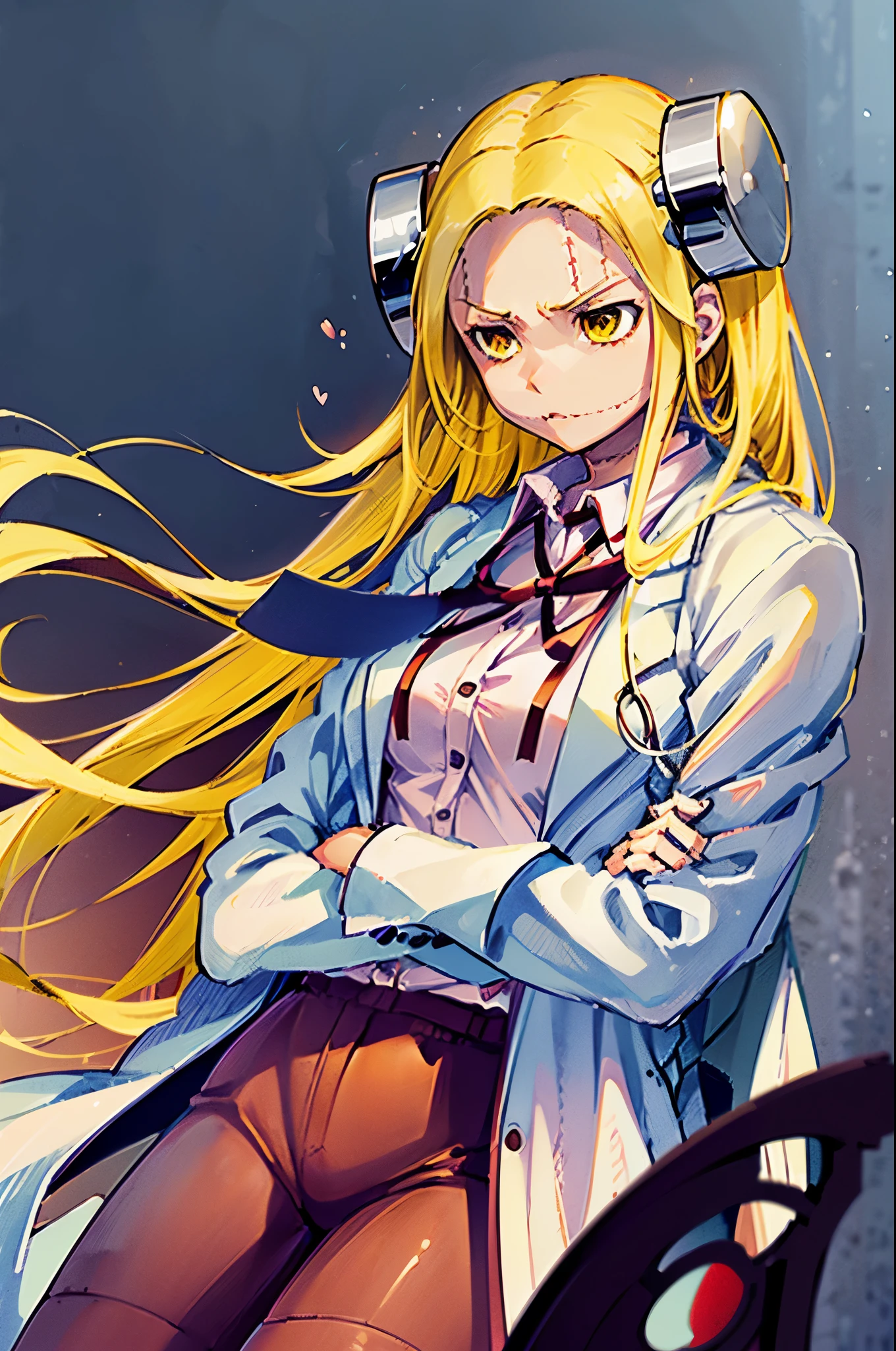 Madaraki_Fran,young woman,costs,((((wearing a white lab coat)))),((stroke)),long hair,yellow hair,seams,Scars on the body,(angry),speaks to a person,(((furious)))