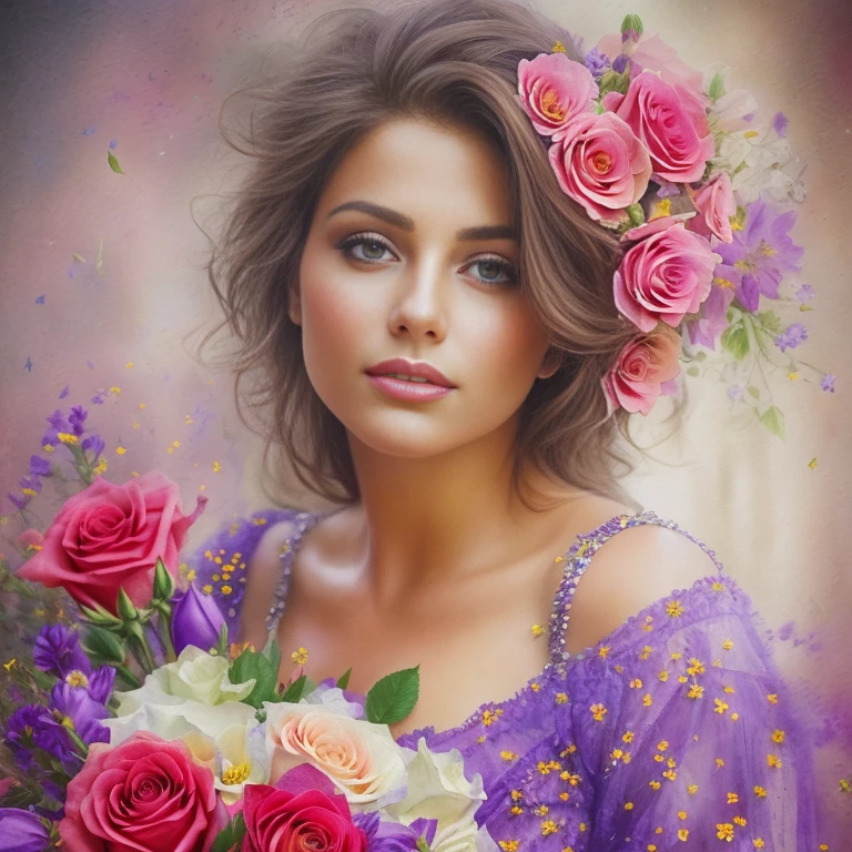 Portrait: masterpiece, watercolor painting, busty beauty, holding a bouquet of roses in her chest, (photorealistic:1.1), highly detailed, ultra-realistic, rich colors, intricate brush strokes, fine art, realism, delicate petals of roses, lifelike rendering, expressive face, captivating gaze, (best quality), (detailed skin:1.2), (realistic:1.1), (bright and vivid), (expressive emotion), (beautiful:1.3), (atractive:1.2), (beauty:1.4), (flowers:1.5).

Masterpiece
