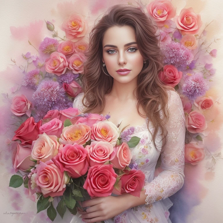 Portrait: masterpiece, watercolor painting, busty beauty, holding a bouquet of roses in her chest, (photorealistic:1.1), highly detailed, ultra-realistic, rich colors, intricate brush strokes, fine art, realism, delicate petals of roses, lifelike rendering, expressive face, captivating gaze, (best quality), (detailed skin:1.2), (realistic:1.1), (bright and vivid), (expressive emotion), (beautiful:1.3), (atractive:1.2), (beauty:1.4), (flowers:1.5).
Masterpiece