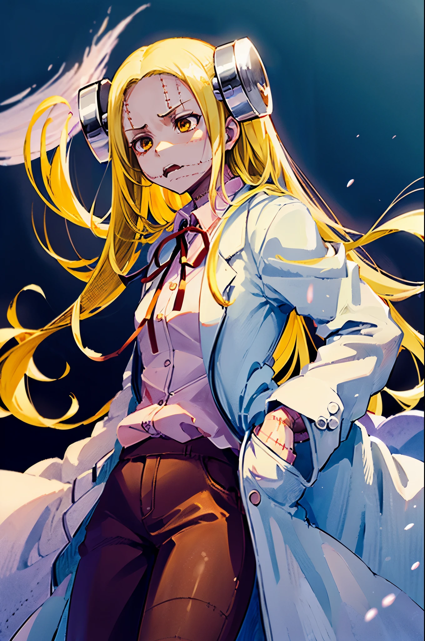 Madaraki_Fran,young woman,costs,((((wearing a white lab coat)))),((Explains)),long hair,hands up,yellow hair,seams,Scars on the body,(Tries to explain),speaks to a person,(((furious)))