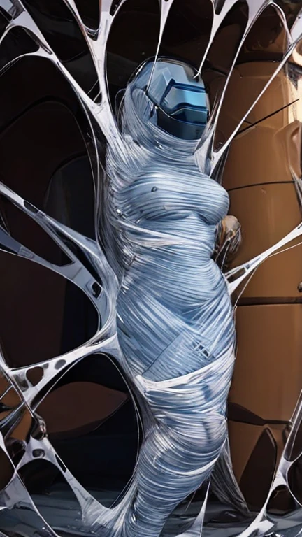 1 girl wearing a space helmet, trapped within a sticky slimy cocoon made of silk, spider web