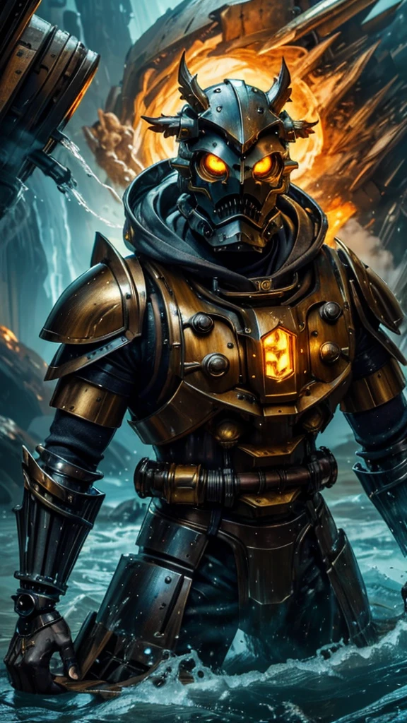 Creature with a hood with a mechanical face with yellow eyes and mechanical male shoulder armor and strong mechanical fists and large arms and a serious and serious posture and water running down his armor and the bottom of a river with a fallen ship and lots of smoke coming out