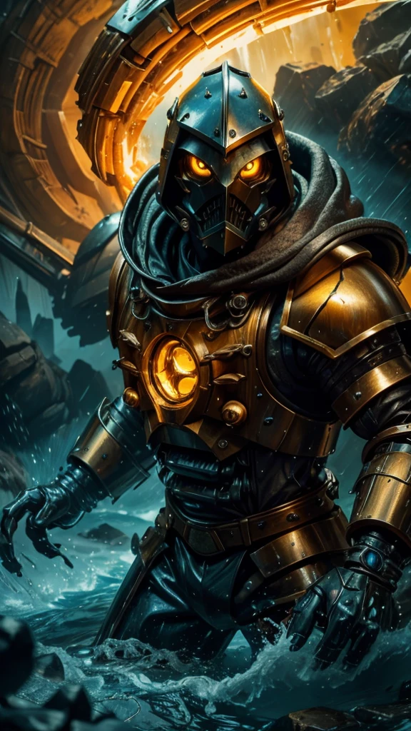 Creature with a hood with a mechanical face with yellow eyes and mechanical male shoulder armor and strong mechanical fists and large arms and a serious and serious posture and water running down his armor and the bottom of a river with a fallen ship and lots of smoke coming out 