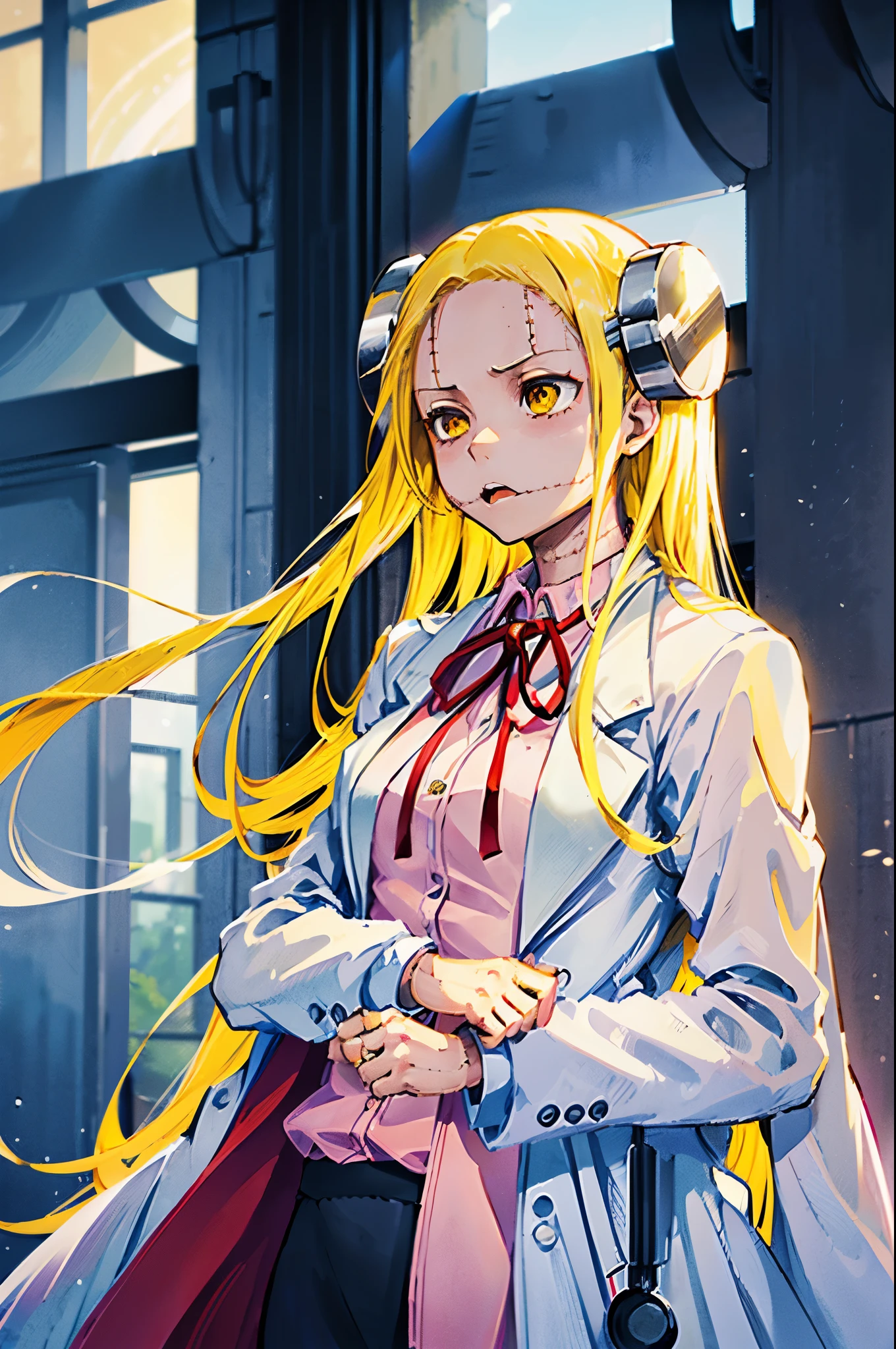 Madaraki_Fran,young woman,costs,((((wearing a white lab coat)))),((Explains)),long hair,yellow hair,seams,Scars on the body,(angry),speaks to a person,(((furious)))