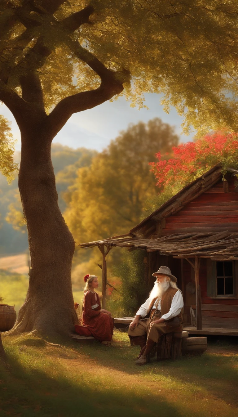 An old man with a long white beard and dressed in rags sits in front of his old cabin next to an old, leafy tree and at his side a pretty girl with golden hair offering him a red apple one spring afternoon