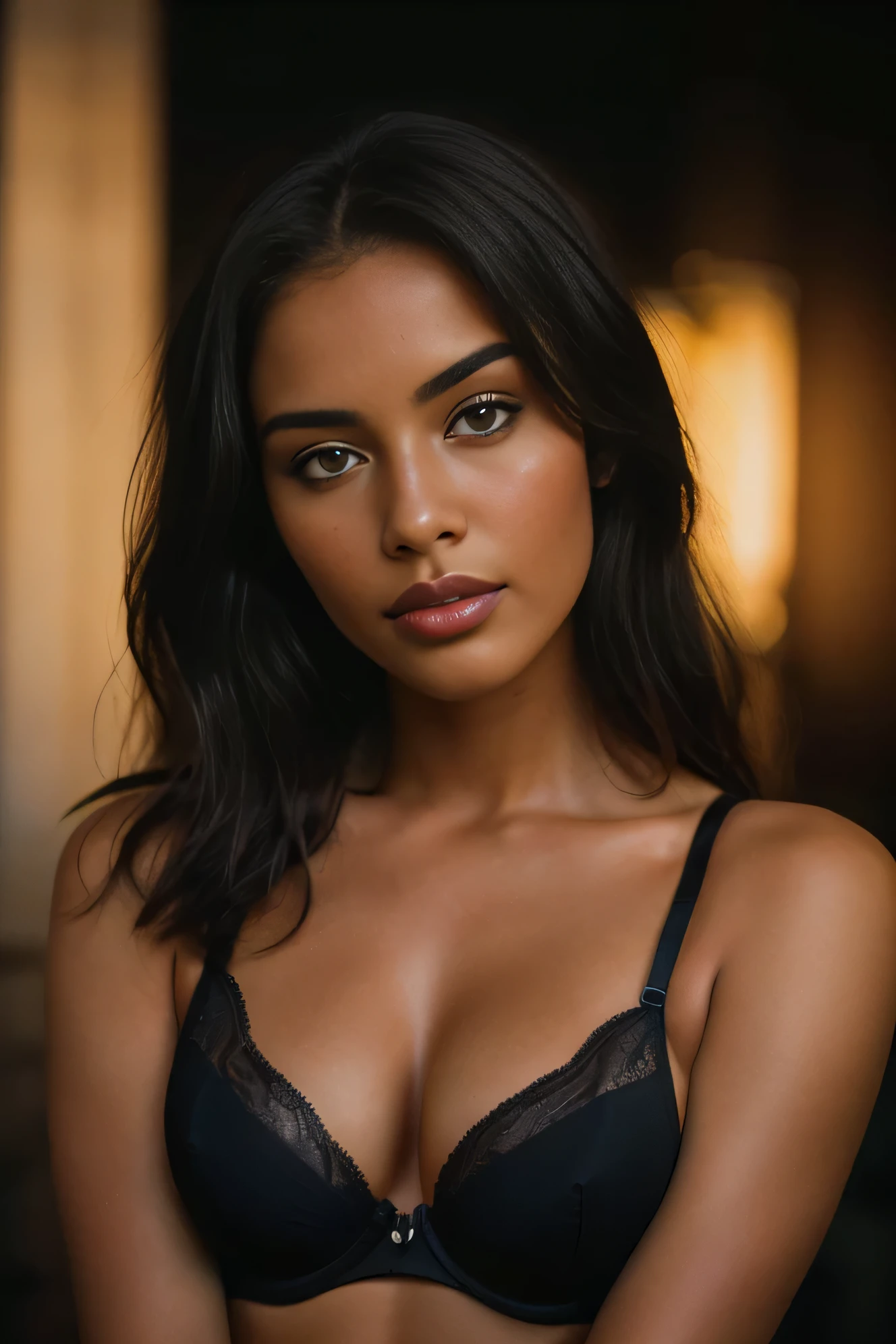 (full body, editorial photograph of a 21 year old woman), araffed woman in a black bra top posing for a picture, violet myers,  with dark complexion, portrait sophie mudd,  lady, young black woman, in a black betch bra, black bra, gorgeous latina face, photo of a black woman, photo of a beautiful woman, black young woman, olive skinned, she has olive brown skin,, (highly detailed face:1.4) (smile:0.7) (background inside dark, moody, private study:1.OV, by lee jeffries, nikon d850, film stock photograph ,4 kodak portra 400 ,camera f1.6 lens ,rich colors ,hyper realistic ,lifelike texture, dramatic lighting , cinestill 800,