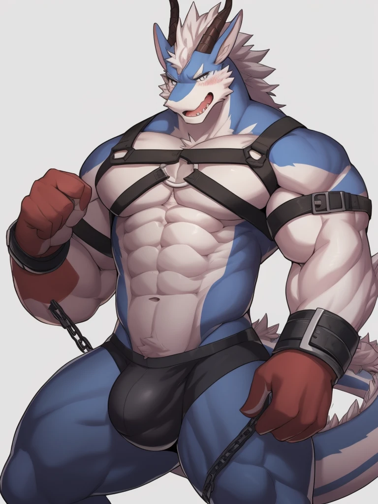 eastern dragon, harness, tight harness, cuff \(restraint\), chains, aroused, muscular, big bulge, by littleblackalas