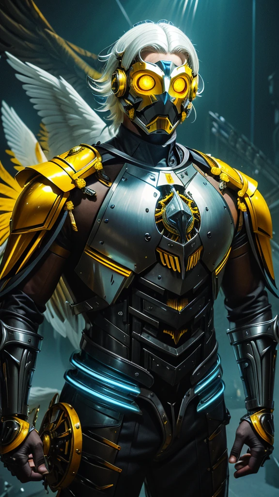 Man with thick straight white hair and with yellow eyes and mechanical bird peak mask with very bright yellow lights and mechanical male shoulder armor and mechanical fists with very bright blue lights and serious posture and water drops on the armor and gray background 
